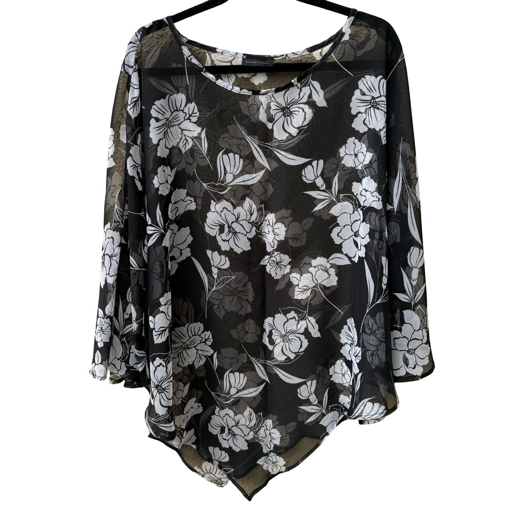 Courtenay Whimsigoth Dark Floral Boho Sheer Mesh Poncho Top Asymmetrical Hem OS